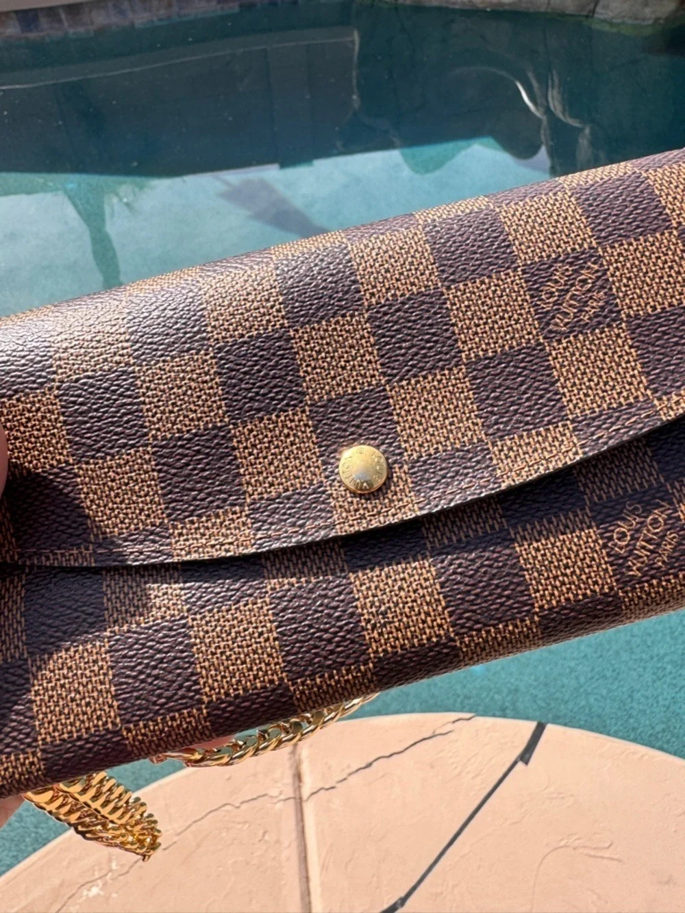 Authentic Louis Vuitton Brown Checkered Crossbody with Gold Chain